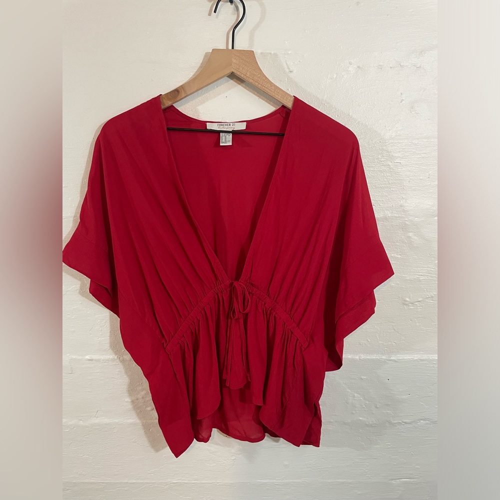 Forever 21 Contemporary Women's XS‎ Kimono Sleeves Red Tie Front Cover Up Top